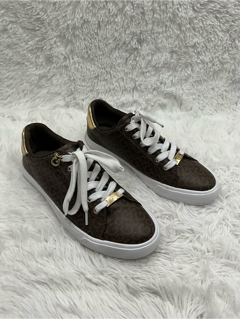 G by Guess Sneakers Size 10 Brown & G Logo Print Metallic Gold Tone Accents